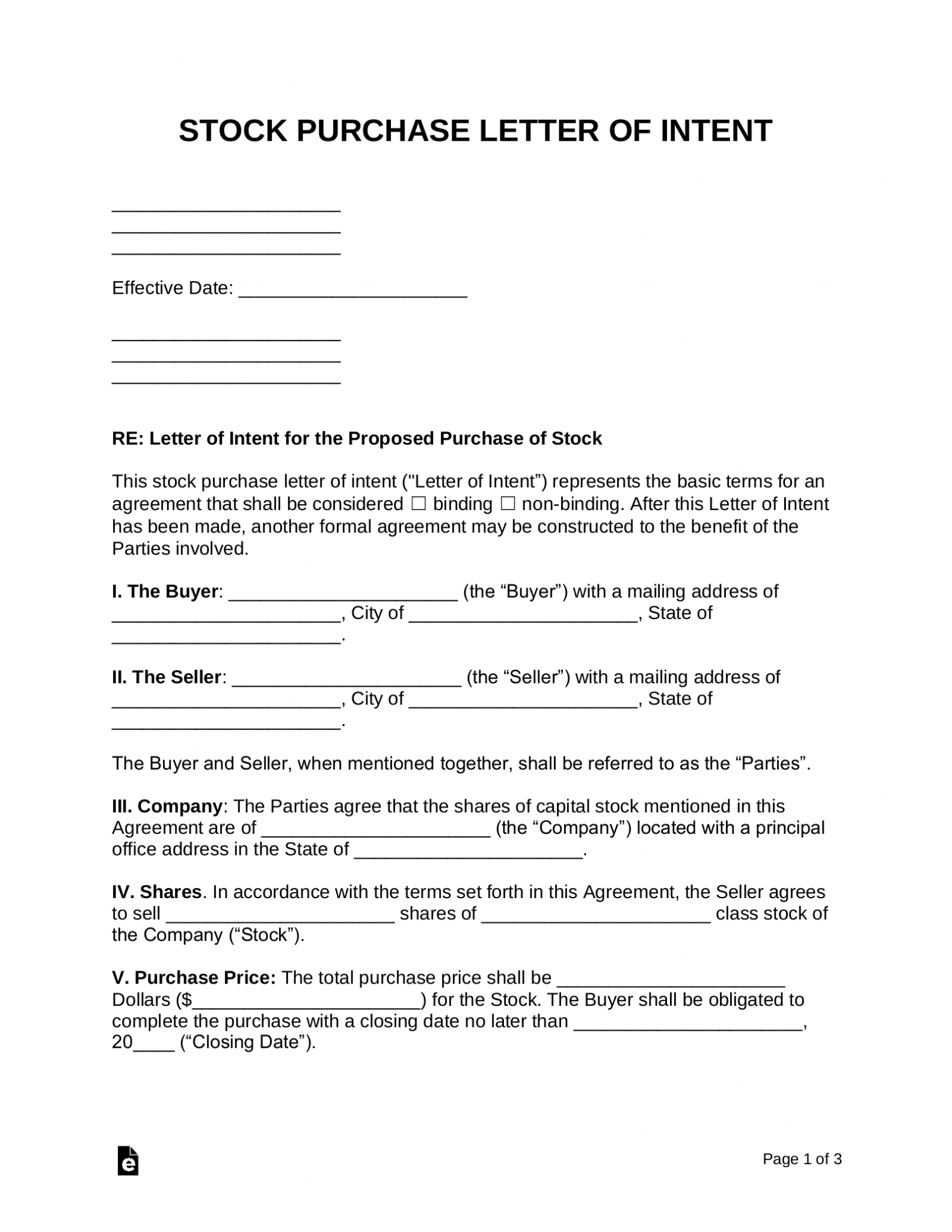 Free Stock (Shares) Purchase Letter of Intent - PDF | Word – eForms