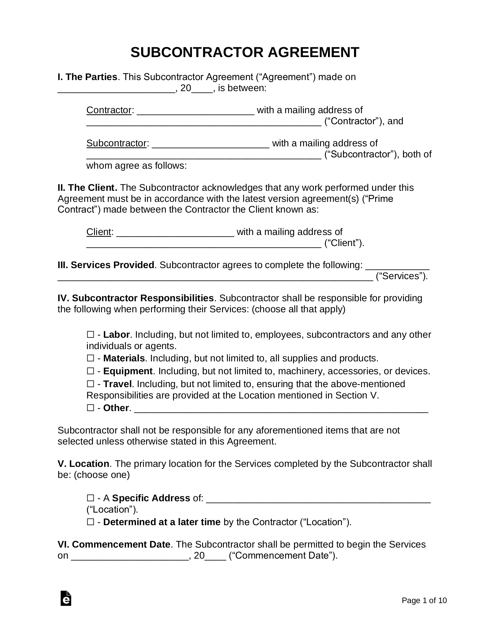 subcontractor agreement template for professional services