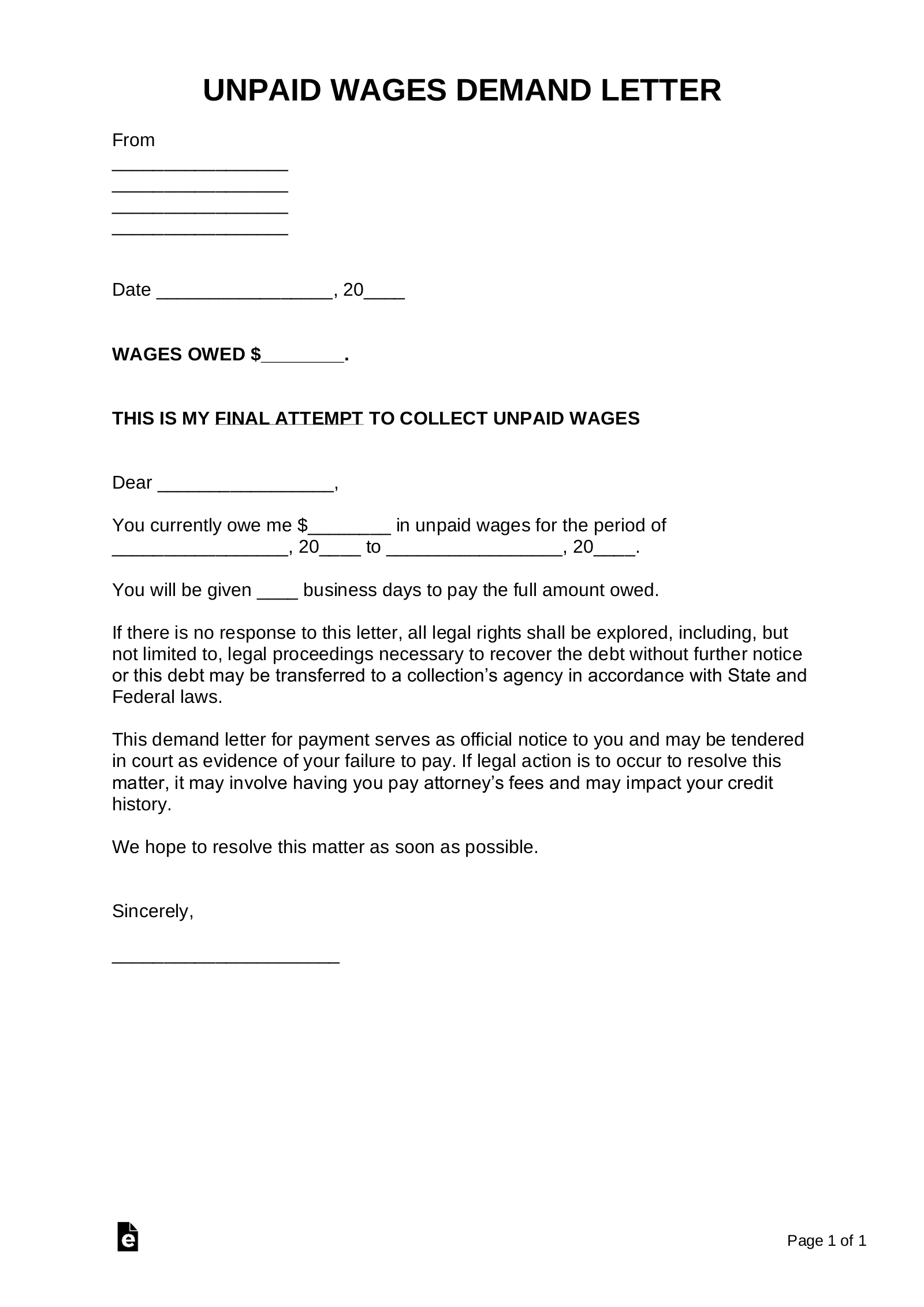 Unpaid Wages Demand Letter | Sample