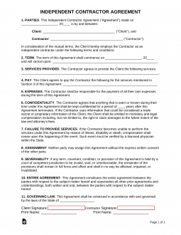 Free One (1) Page Independent Contractor Agreement PDF Word eForms