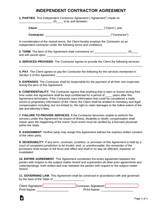Free One (1) Page Independent Contractor Agreement Form