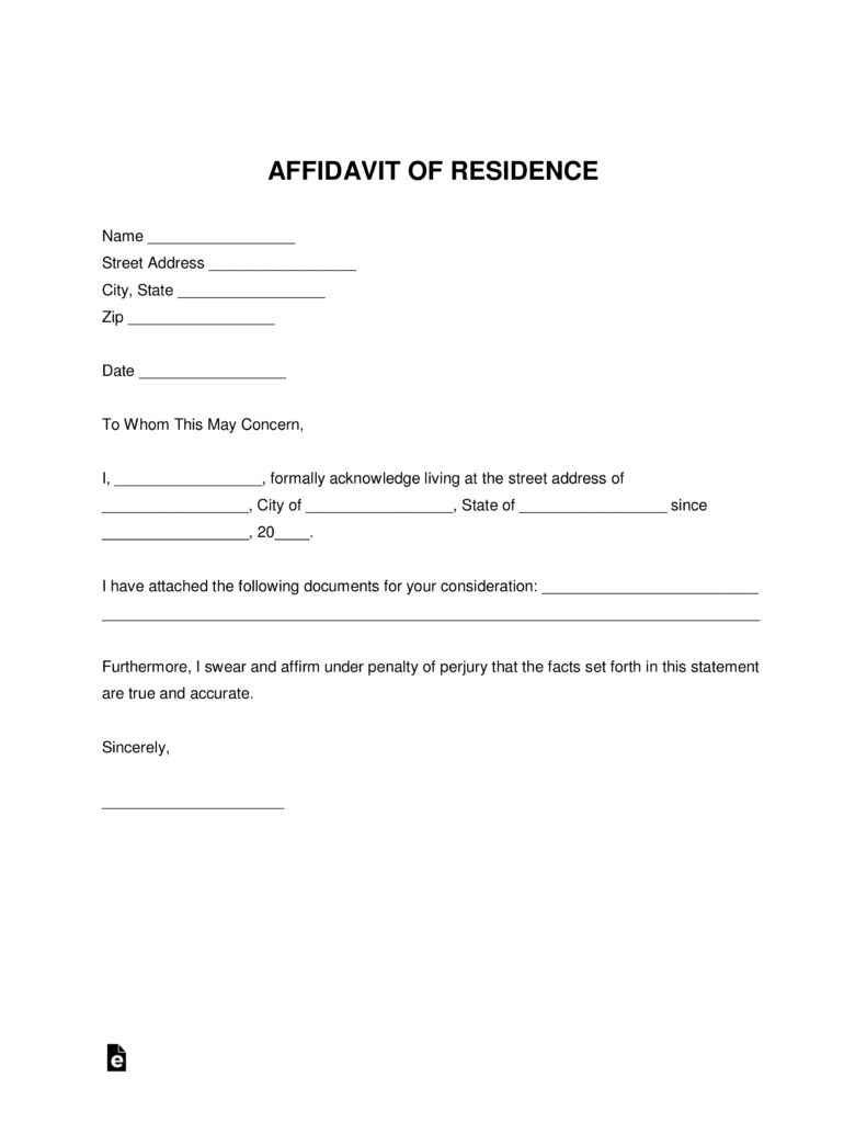 Free Proof Of Residency Letter Affidavit Of Residence PDF Word EForms