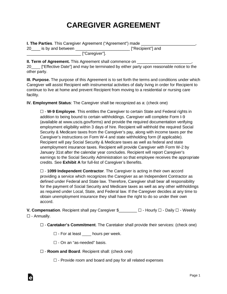 Free Caregiver Contract Agreement  PDF  Word  eForms \u2013 Free Fillable Forms