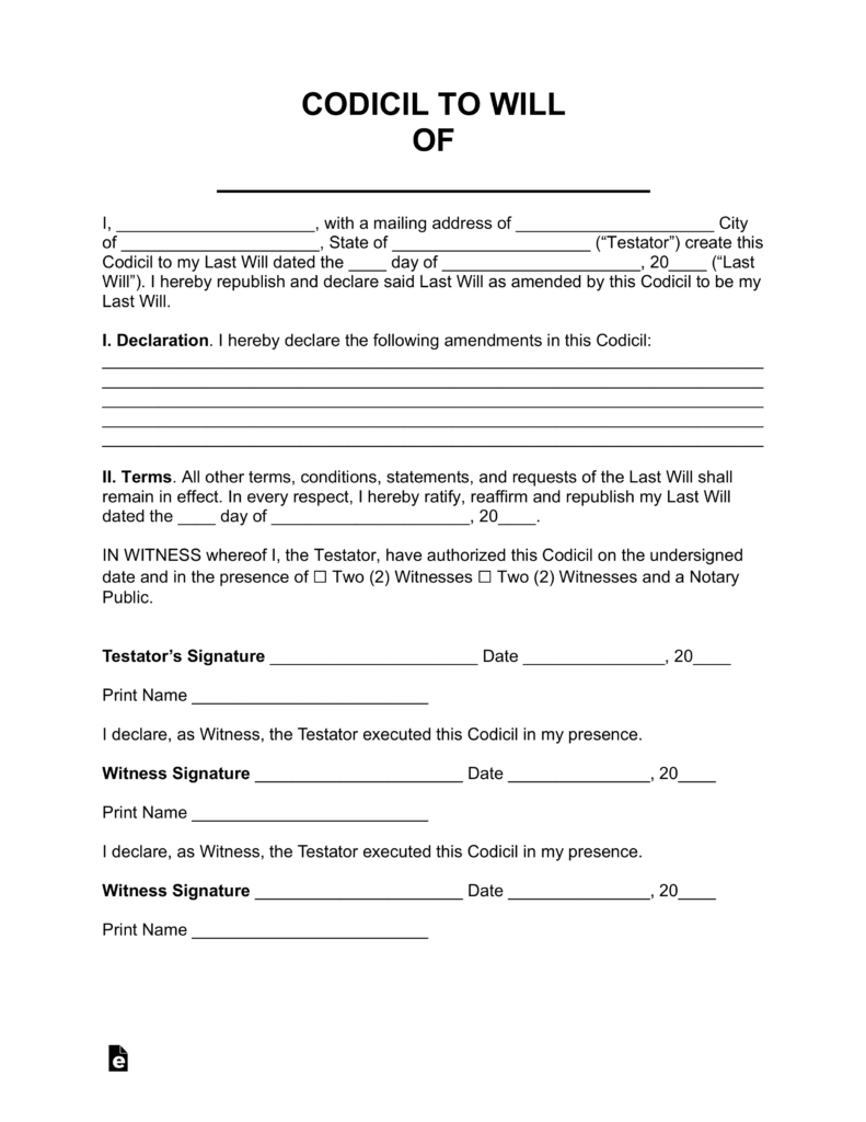 Blank Condicil Printable Form To An Existing Will