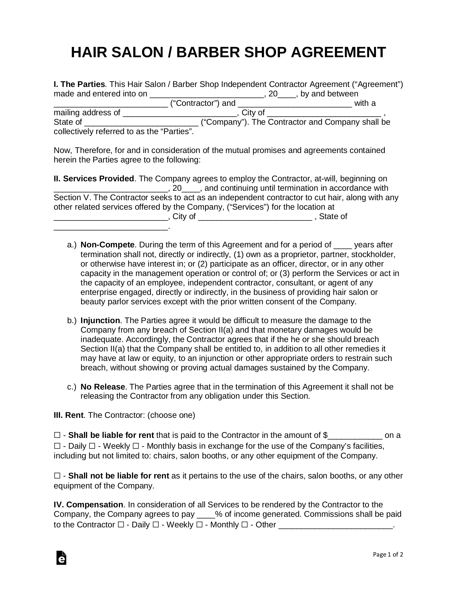 Free Salon Independent Contractor Agreement Template PDF Word EForms