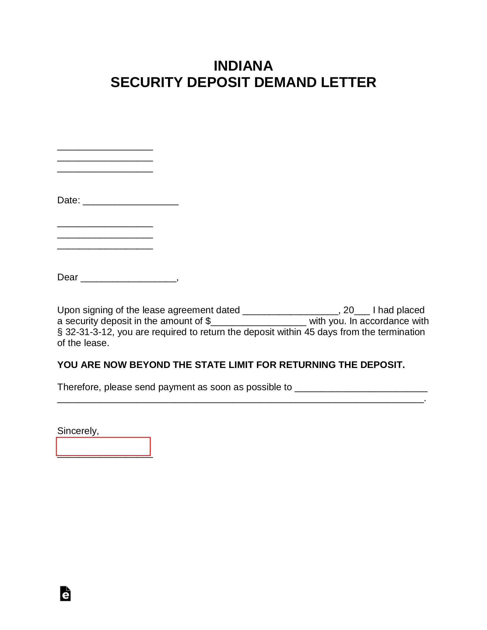 Indiana Security Deposit Demand Letter