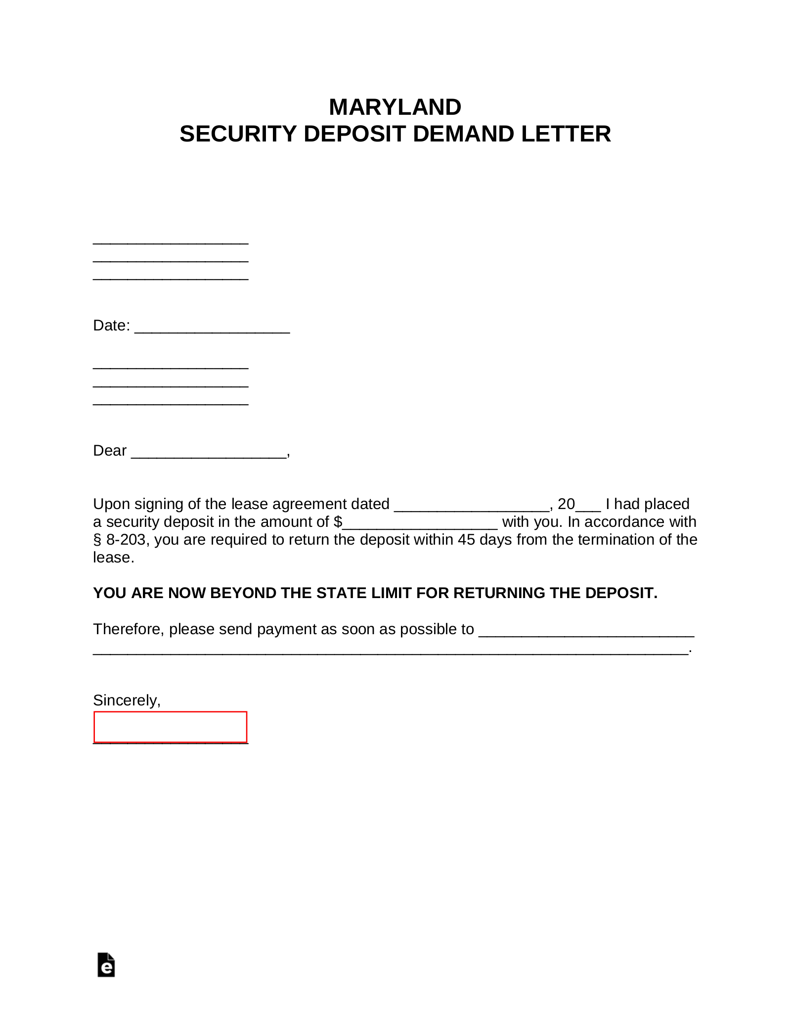 Maryland Security Deposit Demand Letter