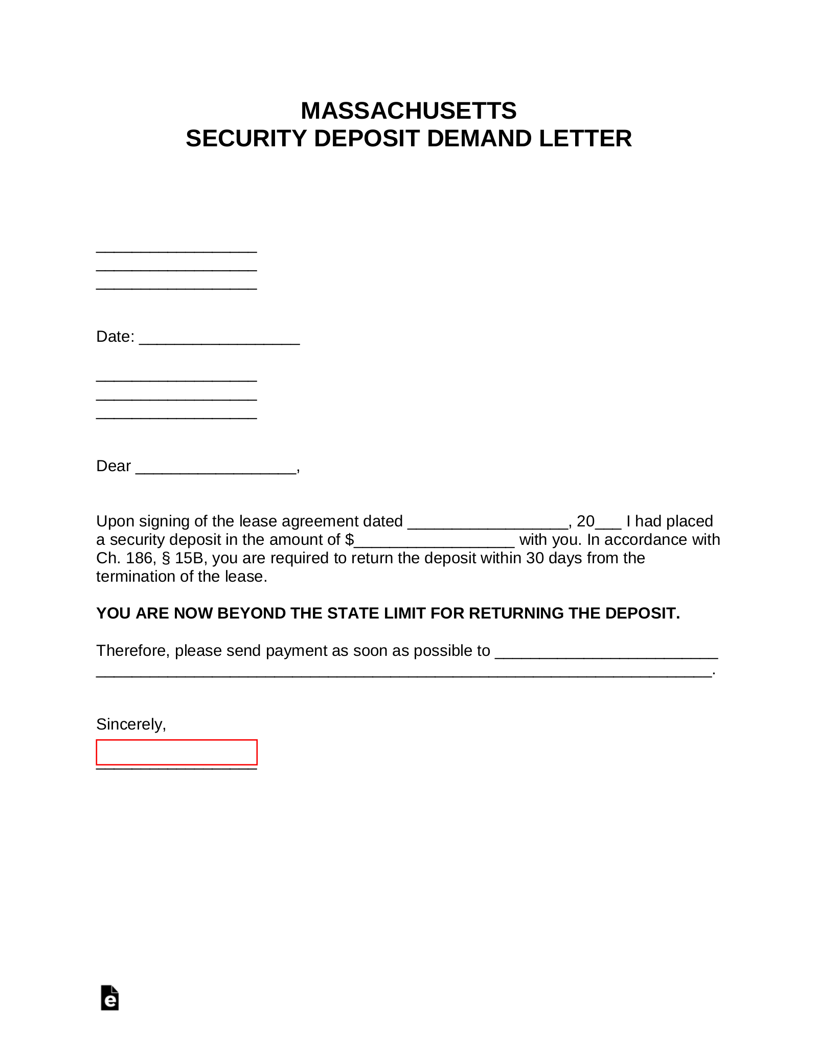 Massachusetts Security Deposit Demand Letter