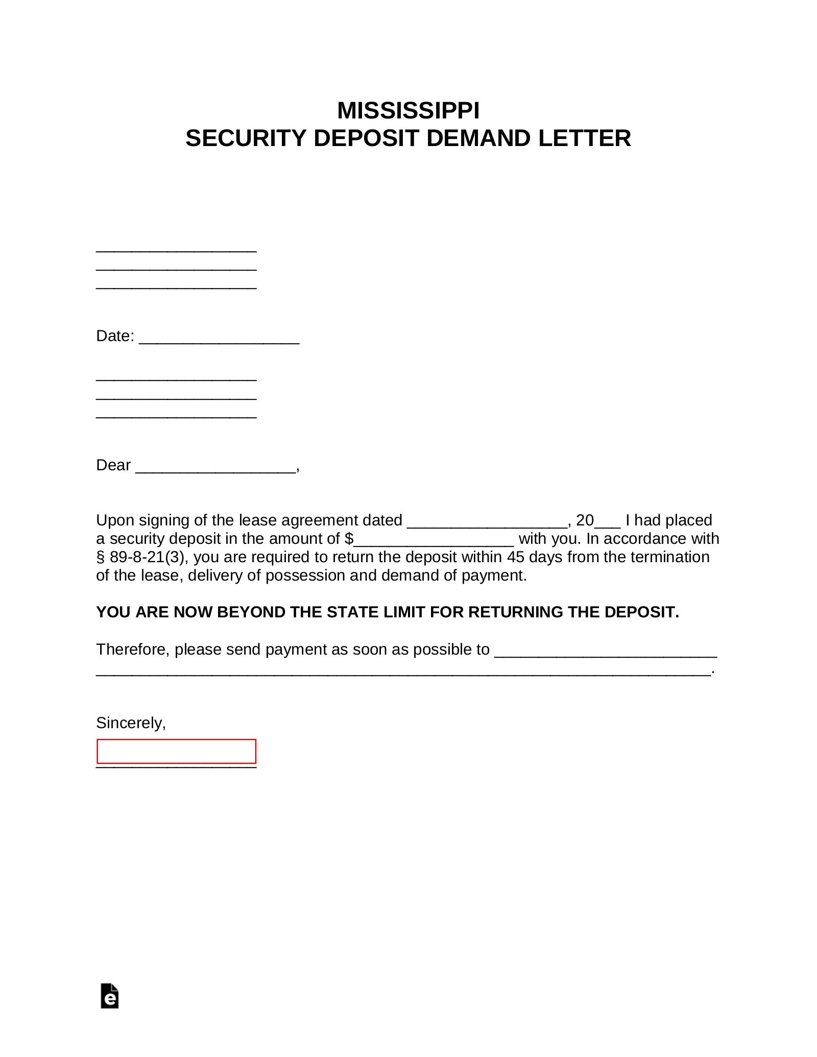 Mississippi Security Deposit Demand Letter
