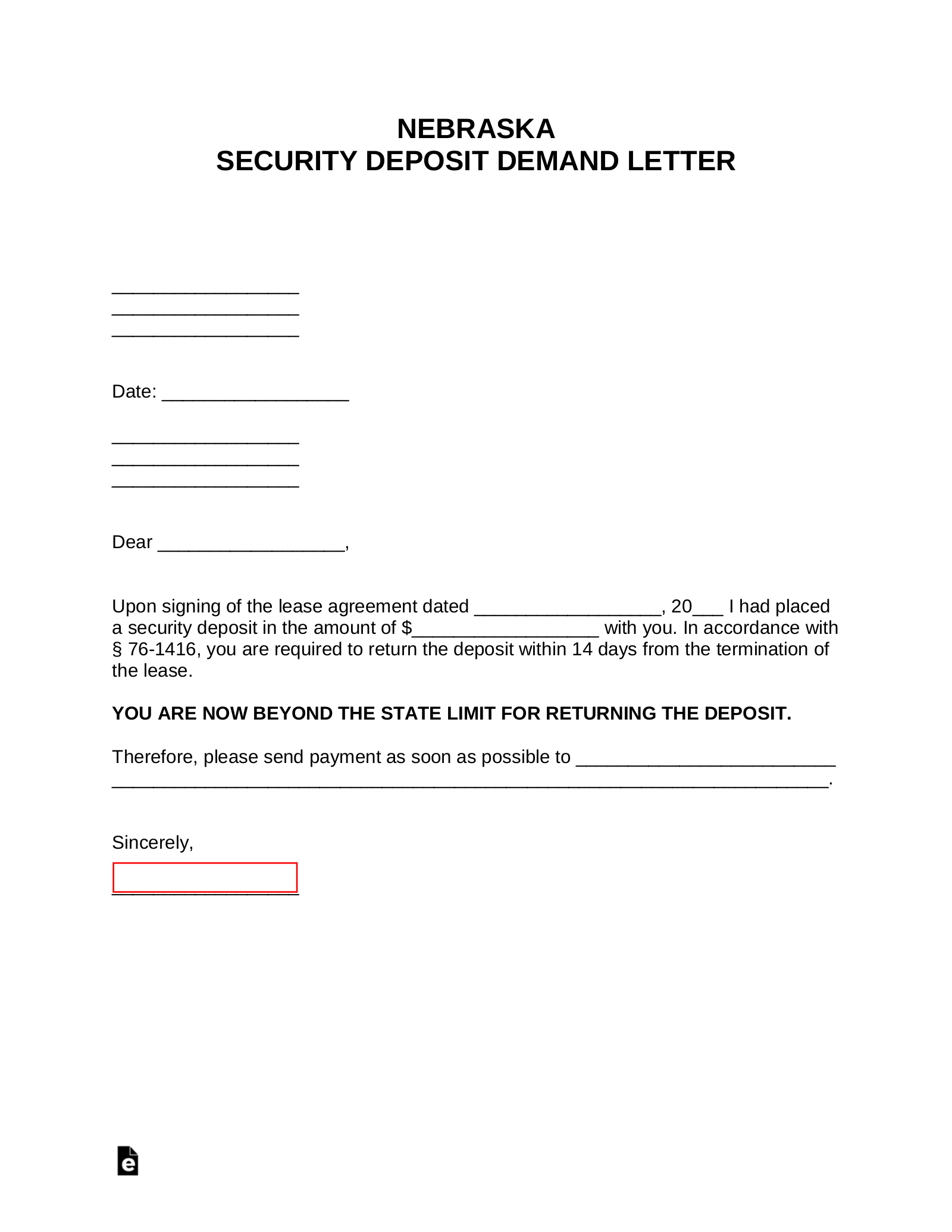 Nebraska Security Deposit Demand Letter