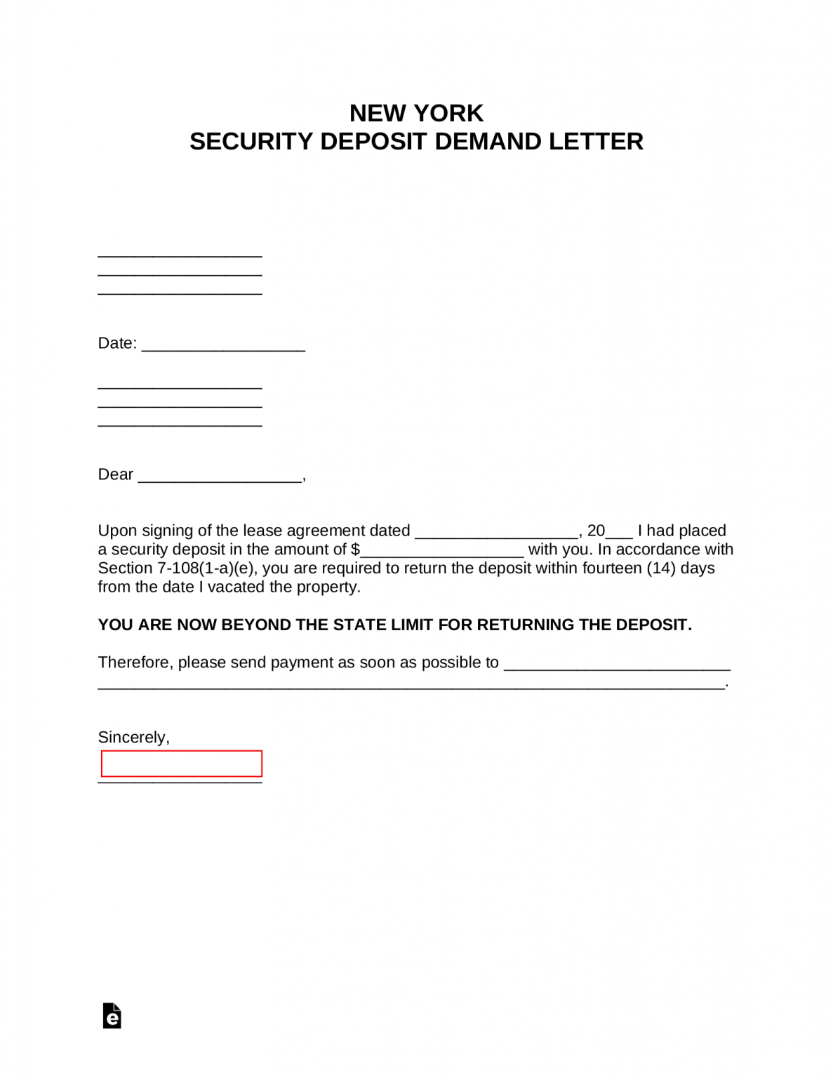 Free New York Security Deposit Demand Letter PDF Word eForms