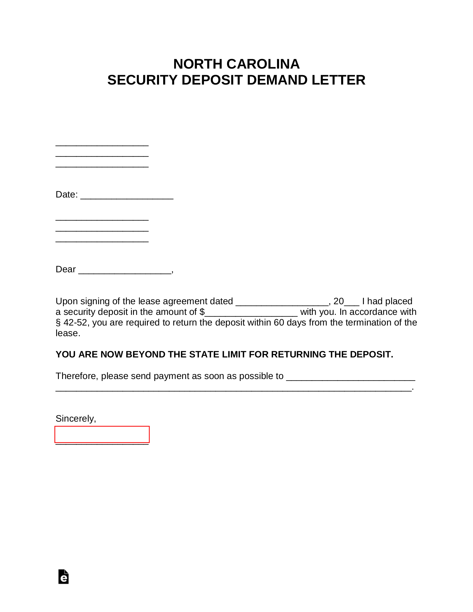 North Carolina Security Deposit Demand Letter
