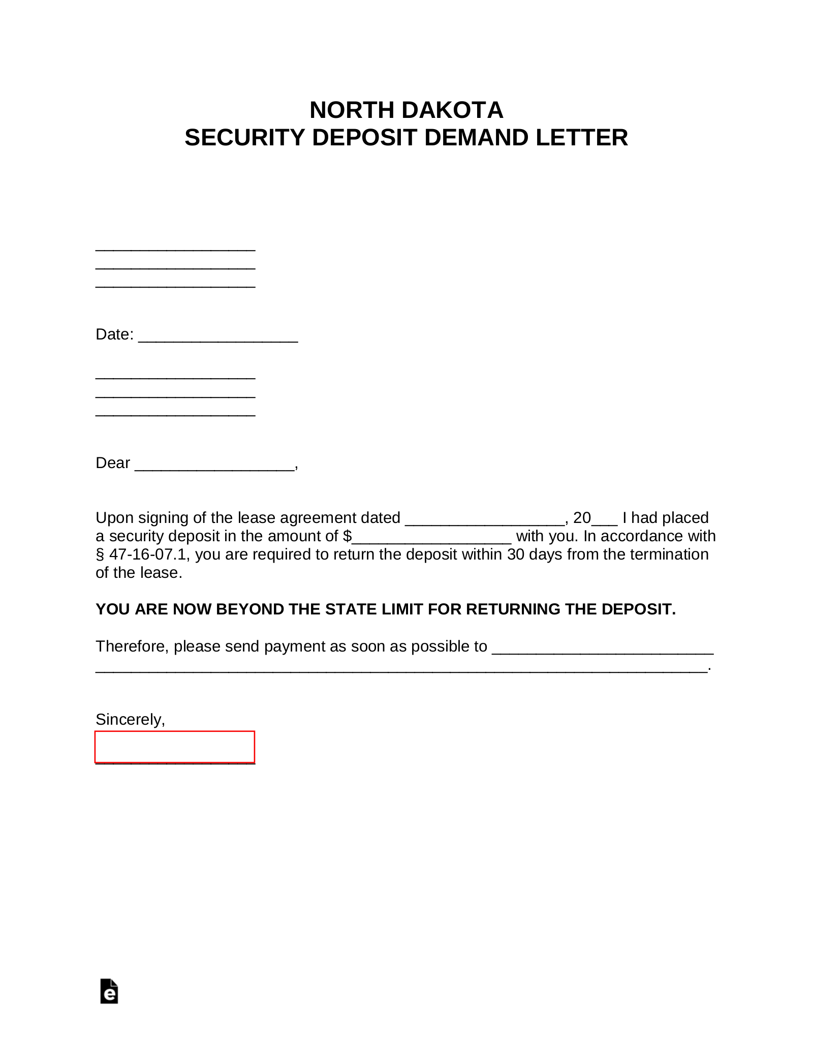 North Dakota Security Deposit Demand Letter