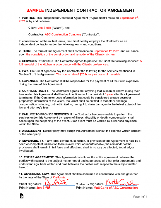 Free One 1 Page Independent Contractor Agreement PDF Word EForms