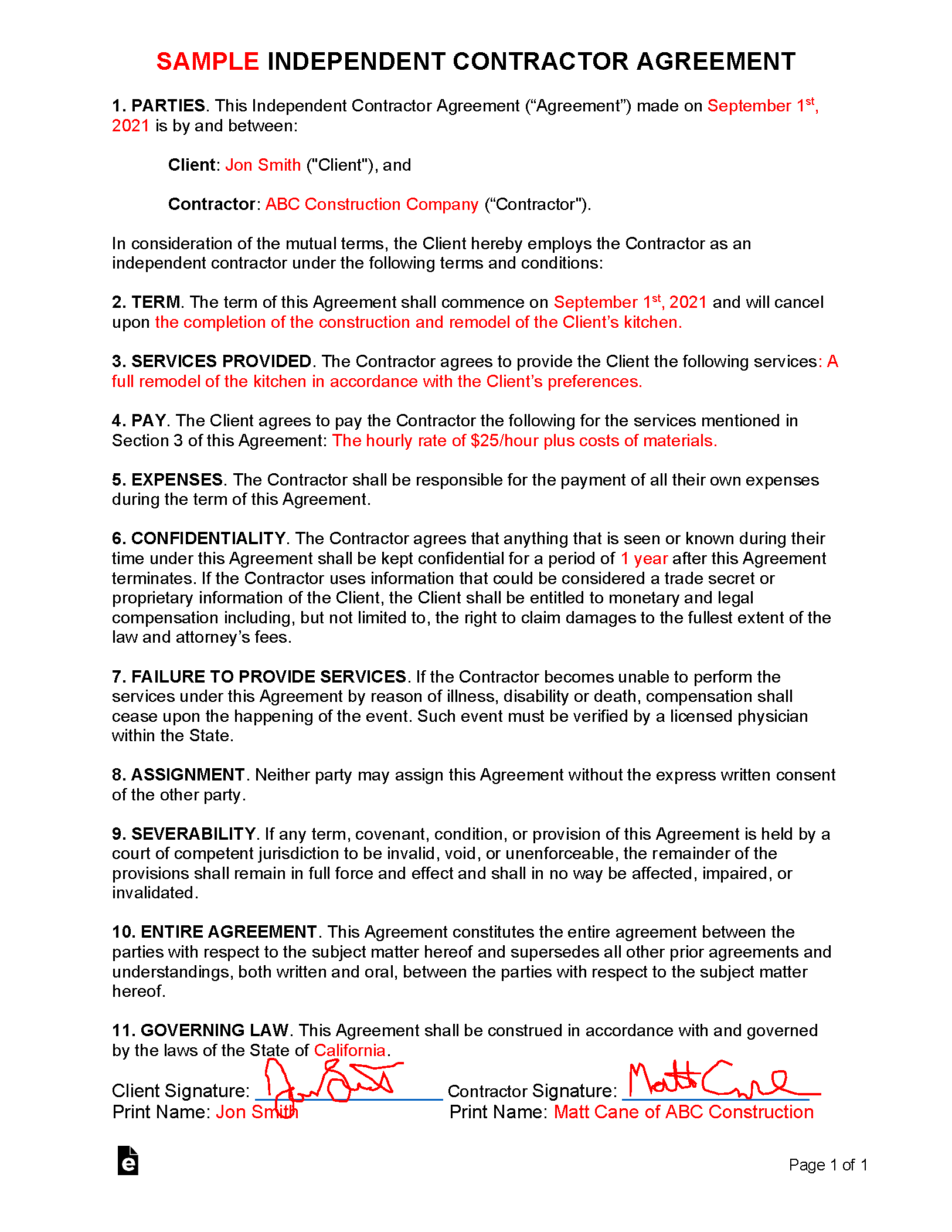 Free One (1) Page Independent Contractor Agreement - PDF | Word – EForms