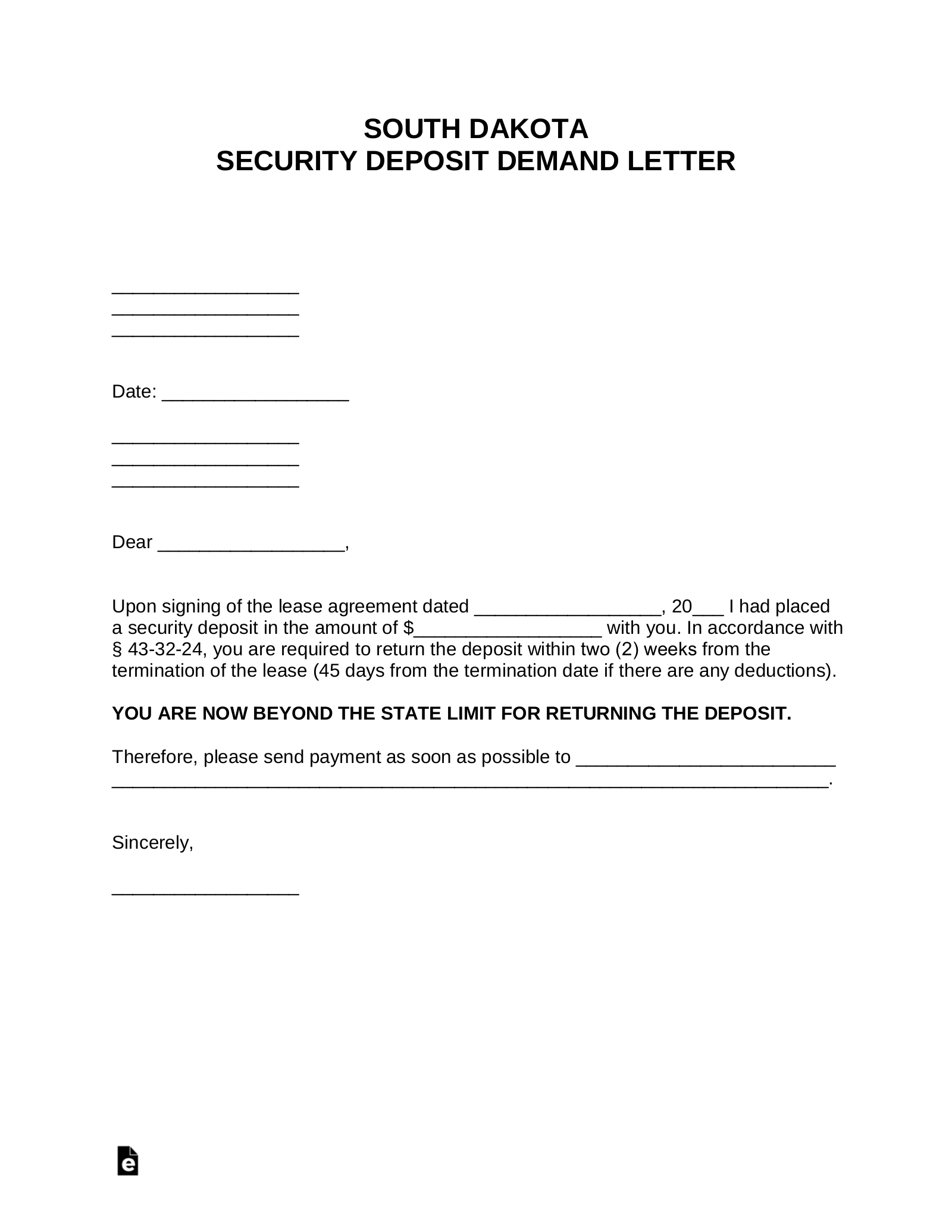 South Dakota Security Deposit Demand Letter