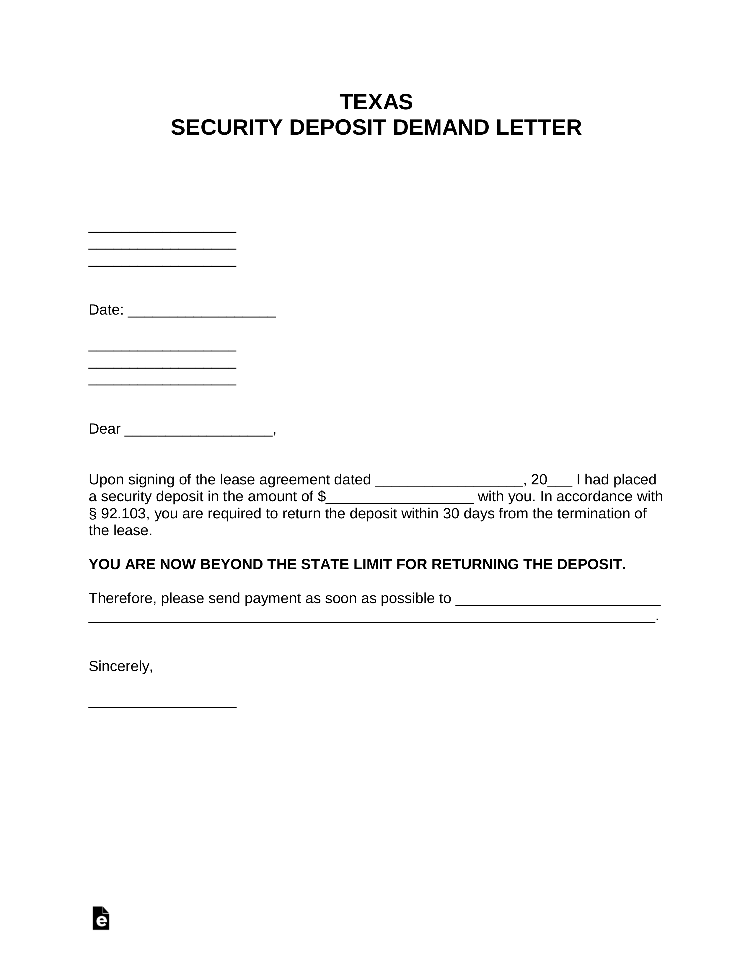 Free Texas Security Deposit Demand Letter PDF Word eForms