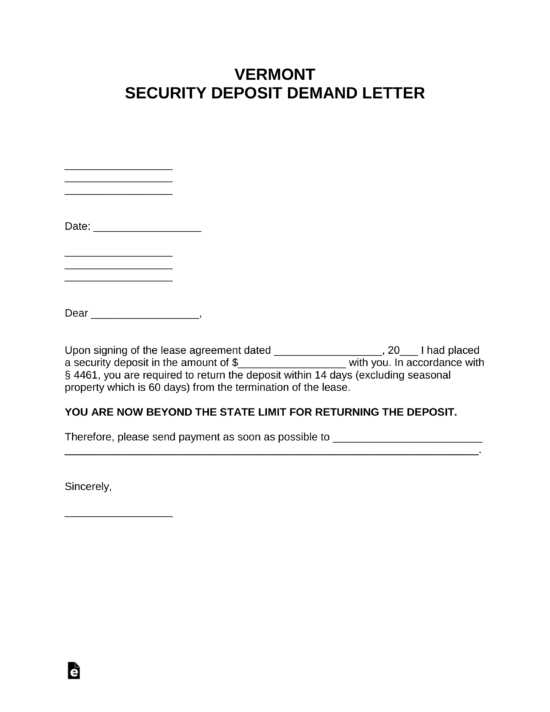 Free Vermont Security Deposit Demand Letter PDF Word eForms