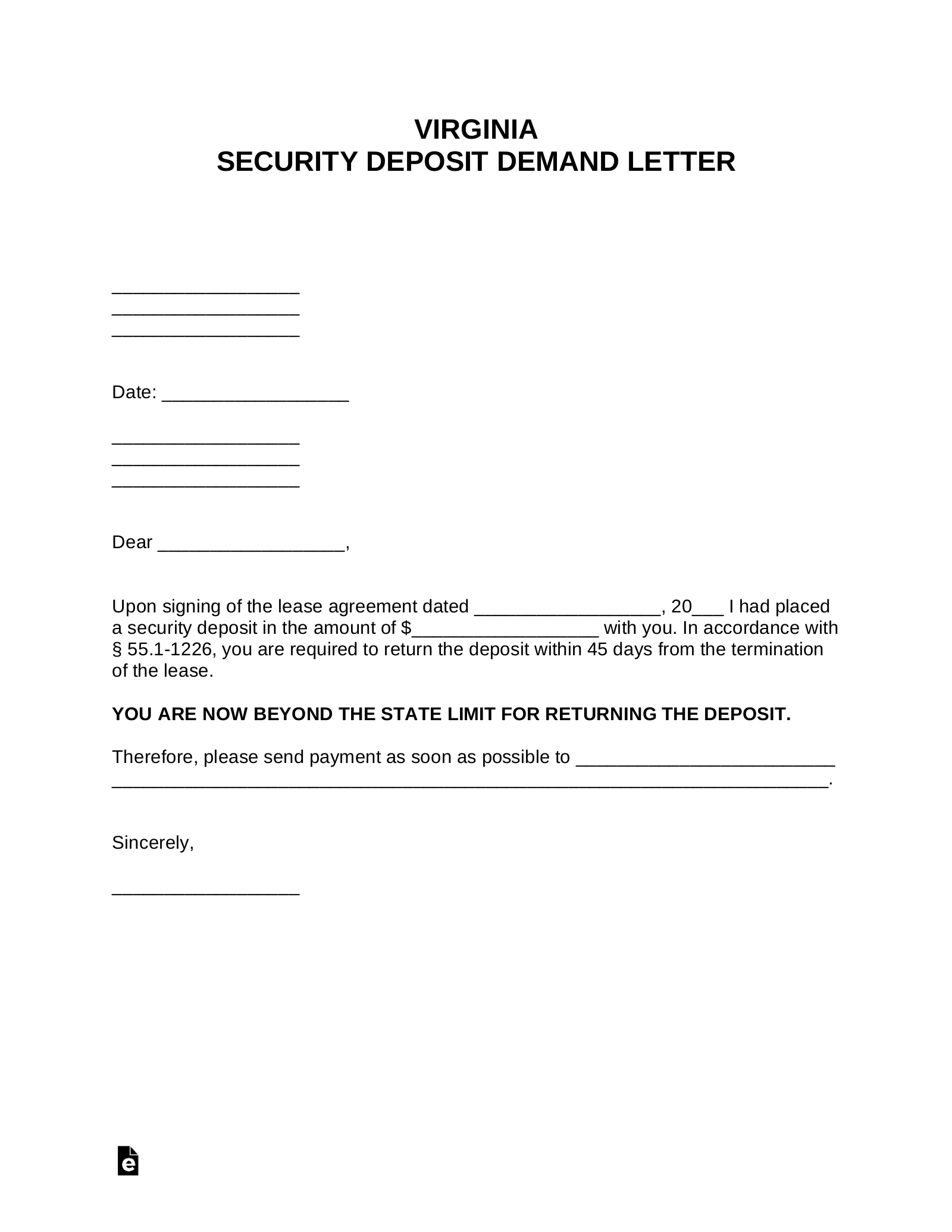 Virginia Security Deposit Demand Letter