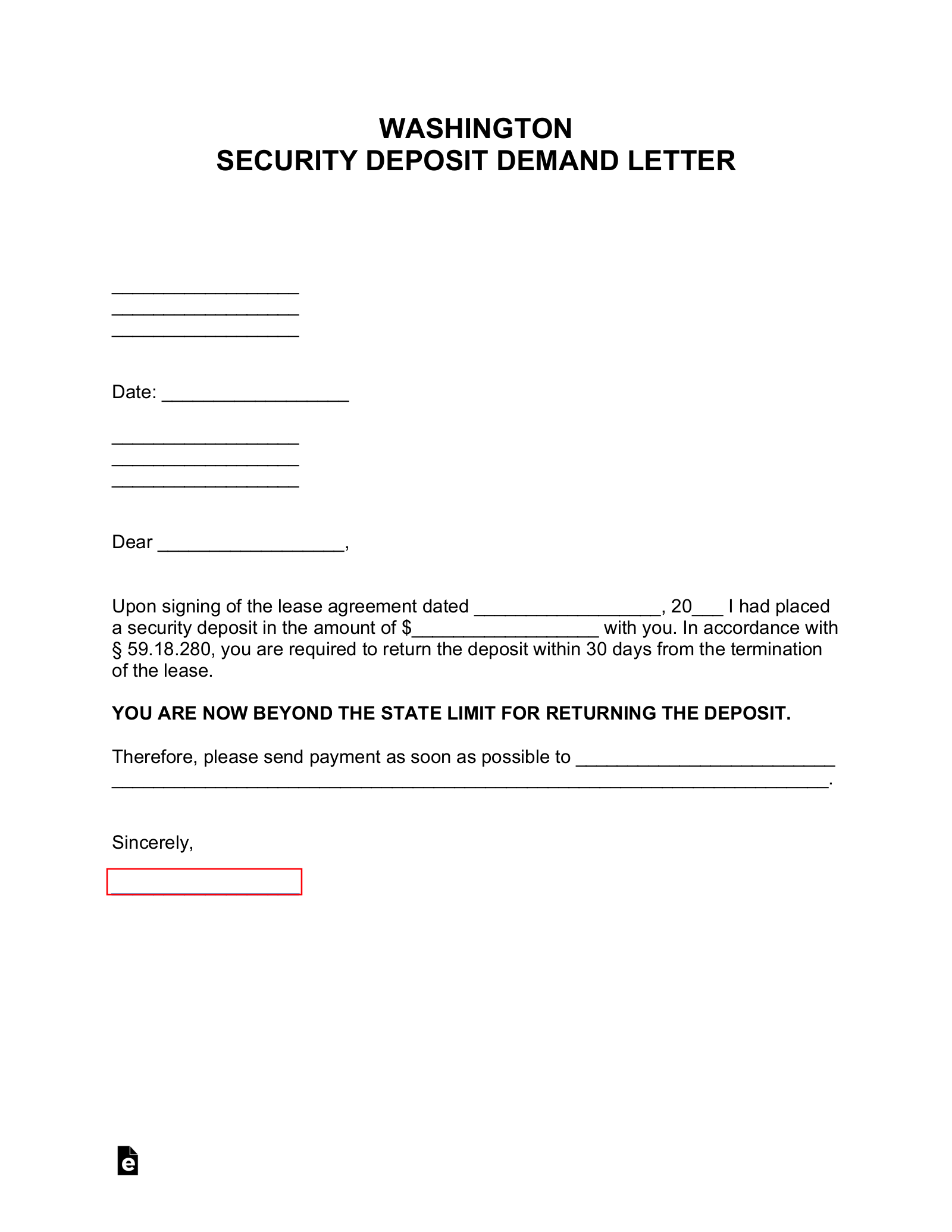 Washington Security Deposit Demand Letter