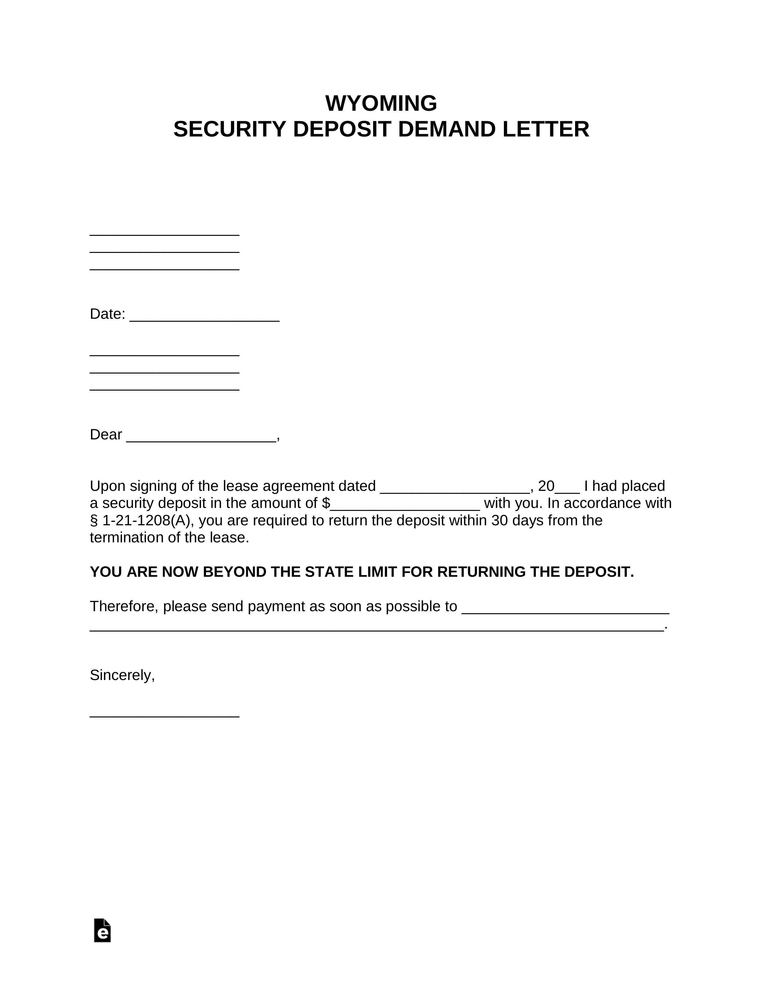 Wyoming Security Deposit Demand Letter