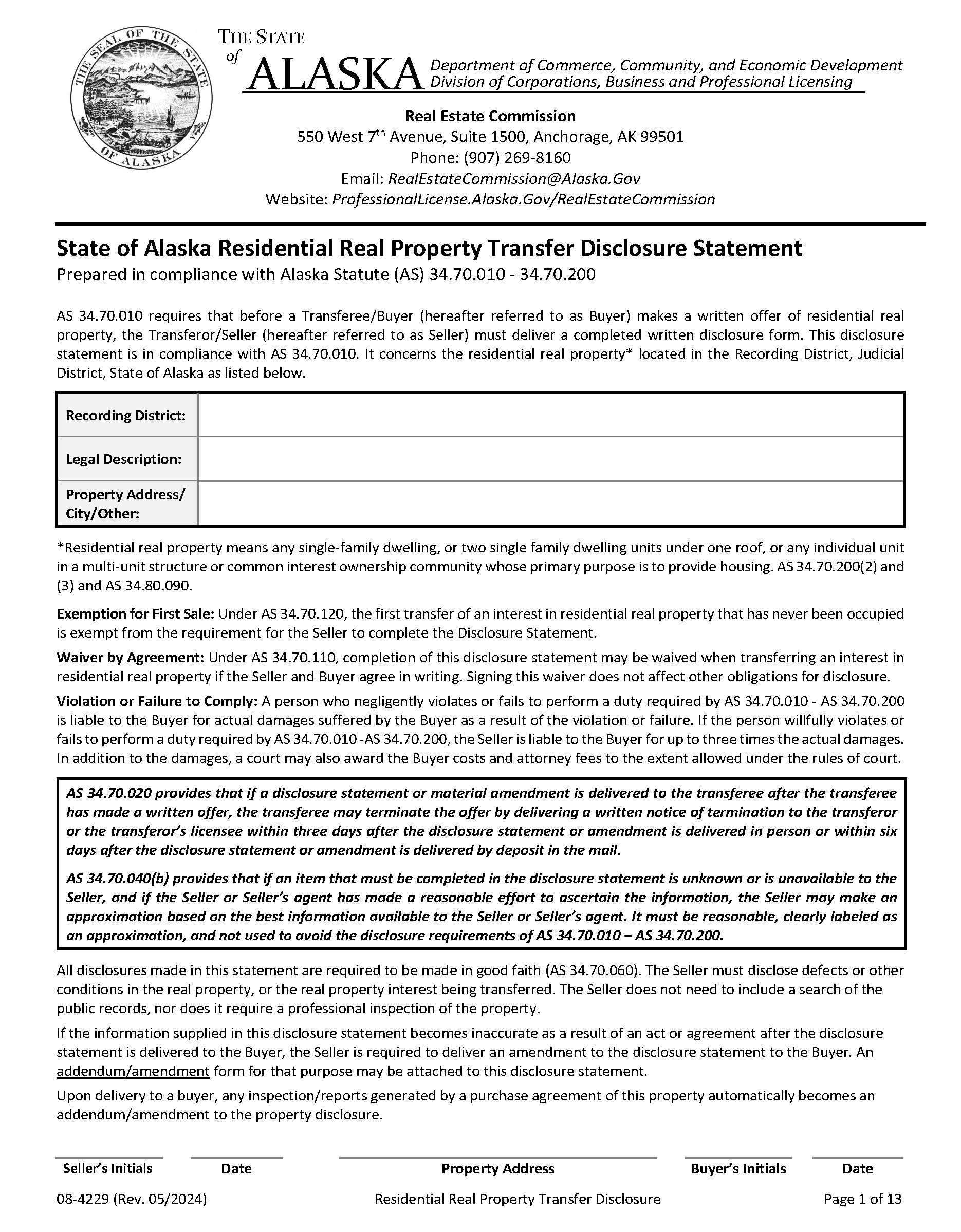 Free Alaska Residential Purchase Agreement Template PDF Word eForms