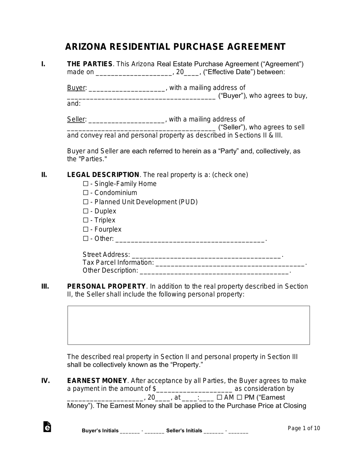 Free Arizona Residential Purchase Agreement Template Pdf Word Eforms