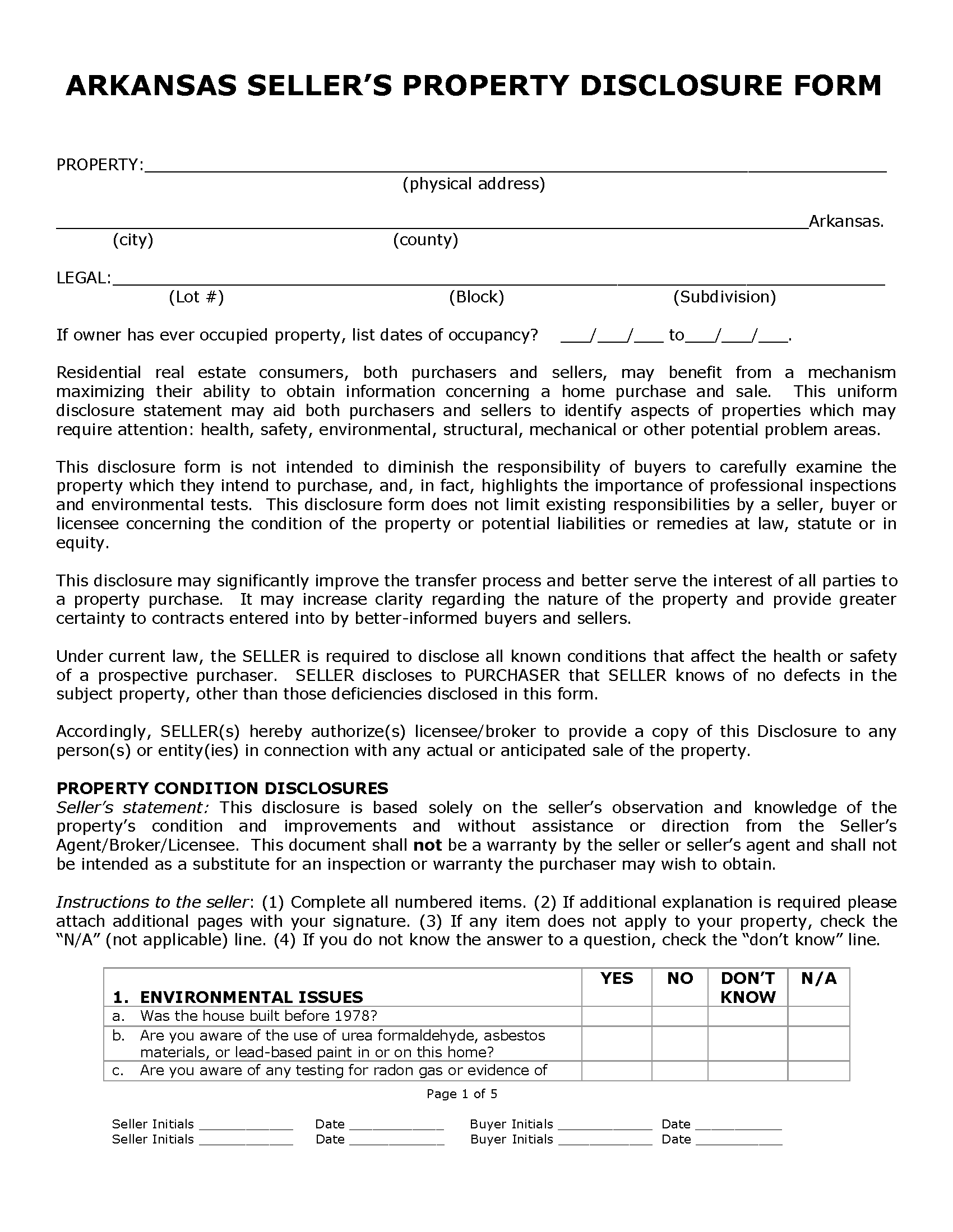 Free Arkansas Residential Purchase and Sale Agreement PDF Word eForms