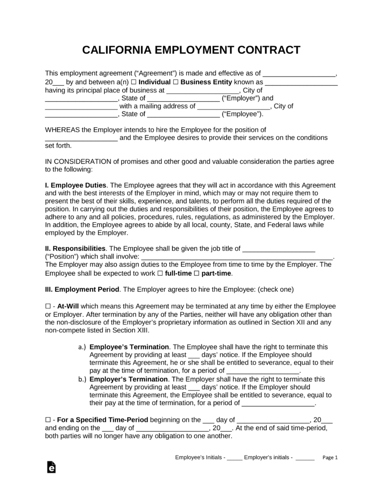 agreement in spanish employment Contract Agreement  PDF Word California Employment   Free
