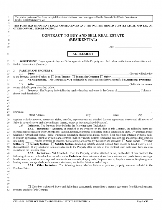 Free Colorado Residential Purchase and Sale Agreement - PDF | Word – eForms