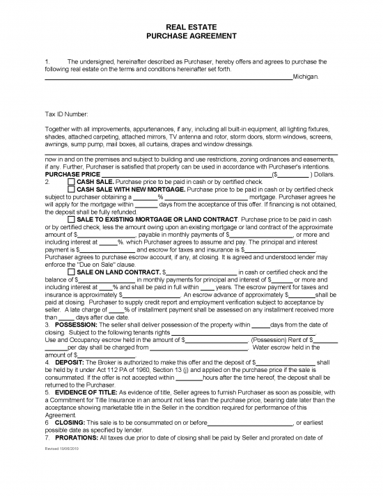 Free Michigan Residential Real Estate Purchase and Sale Agreement - PDF | Word – eForms