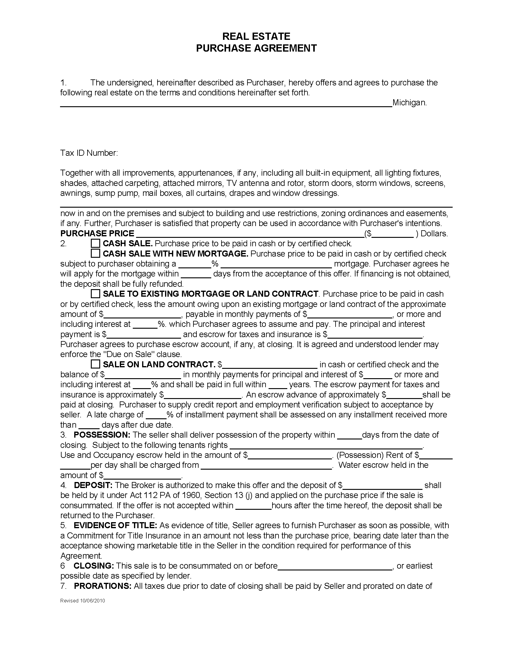 Free Michigan Residential Real Estate Purchase and Sale Agreement - PDF | Word – eForms