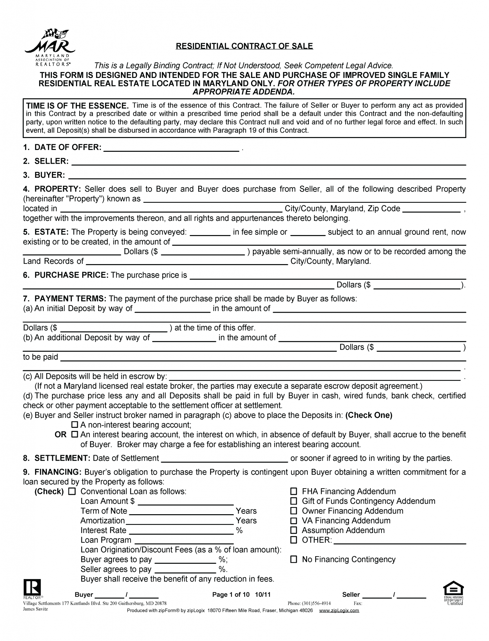 Free Maryland Residential Real Estate Purchase and Sale Agreement PDF Word eForms