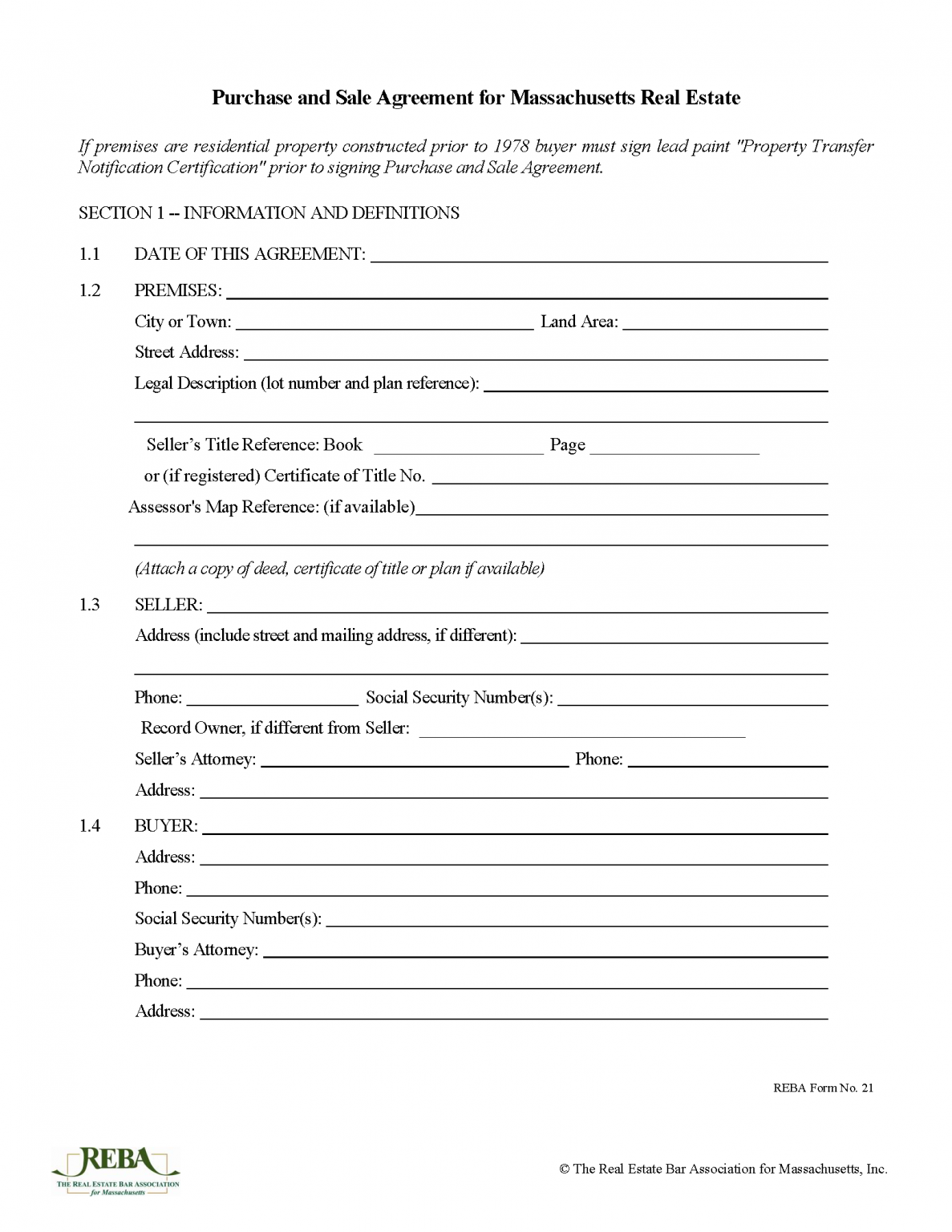 Free Massachusetts Residential Real Estate Purchase and Sale Agreement