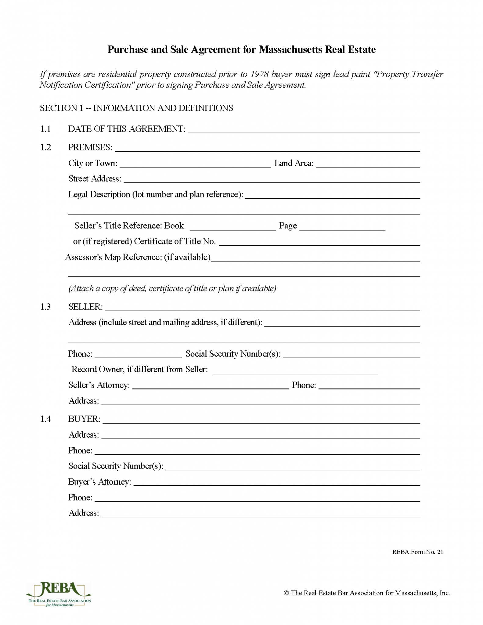 Free Massachusetts Residential Real Estate Purchase and Sale Agreement