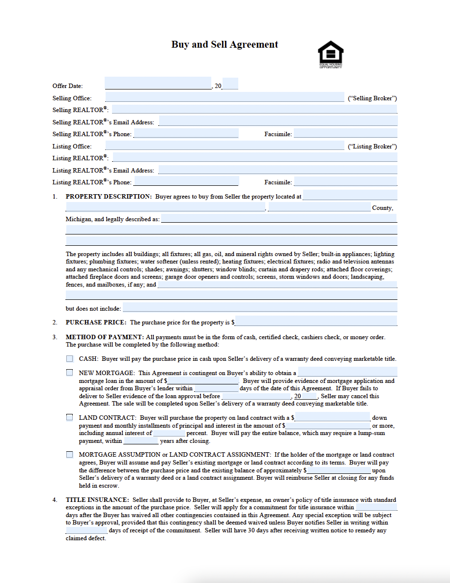 Free Michigan Residential Real Estate Purchase and Sale Agreement - PDF ...