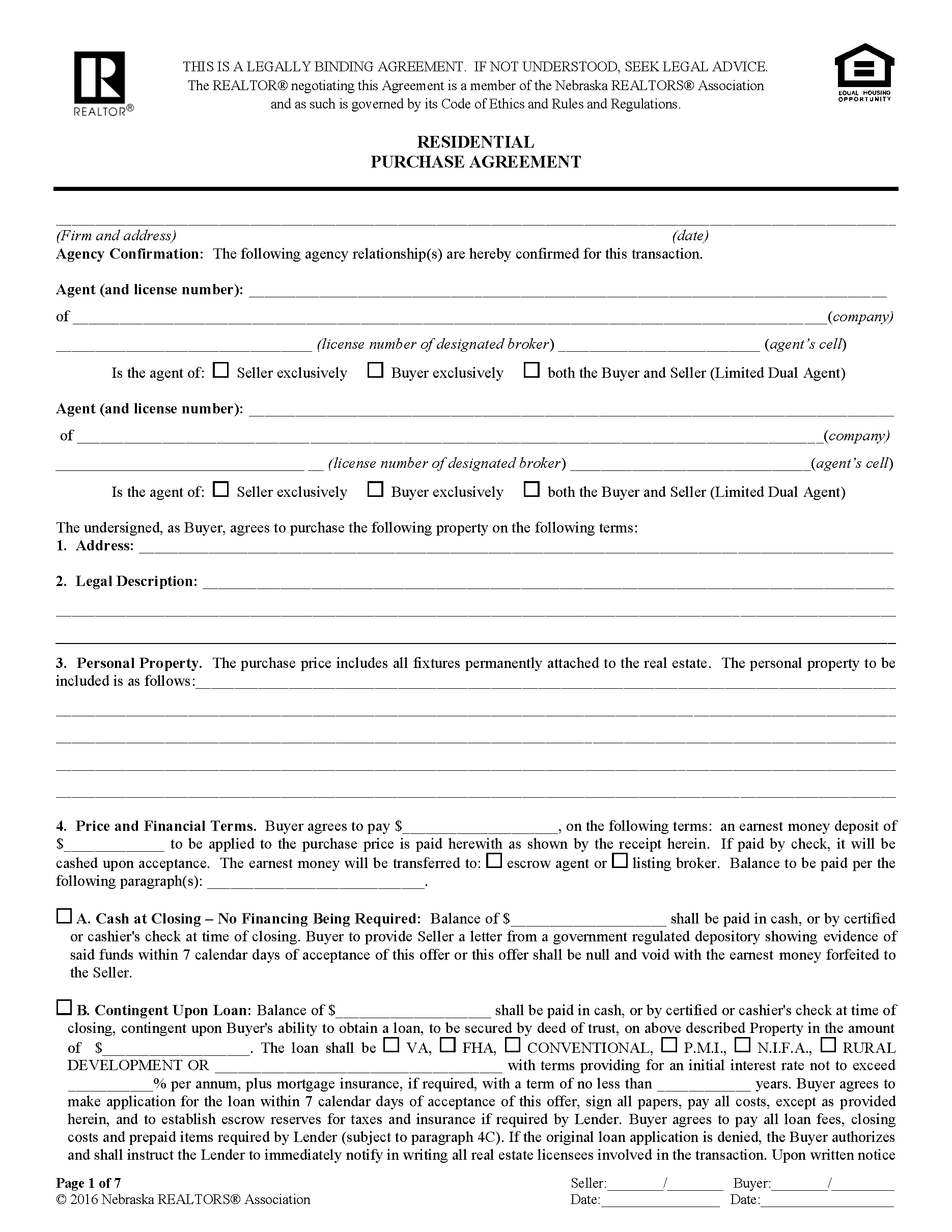 Free Nebraska Residential Real Estate Purchase and Sale Agreement PDF