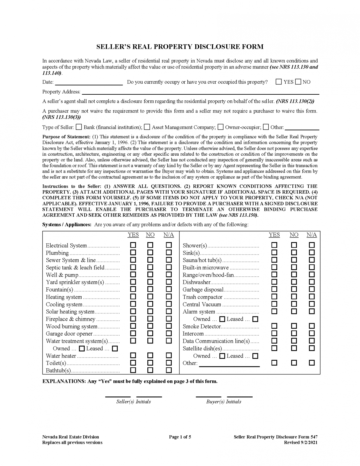 Free Nevada Residential Purchase Agreement Template PDF Word EForms   Nevada Sellers Real Property Disclosure Form 1187x1536 