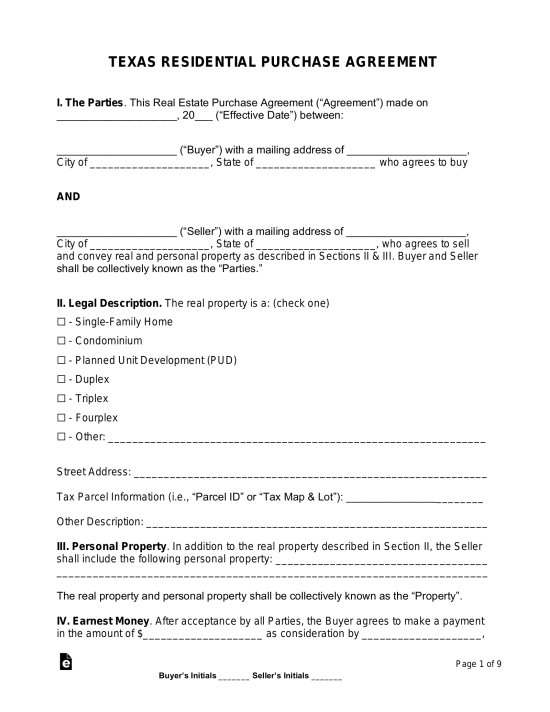 Free Texas Residential Purchase and Sale Agreement PDF Word eForms