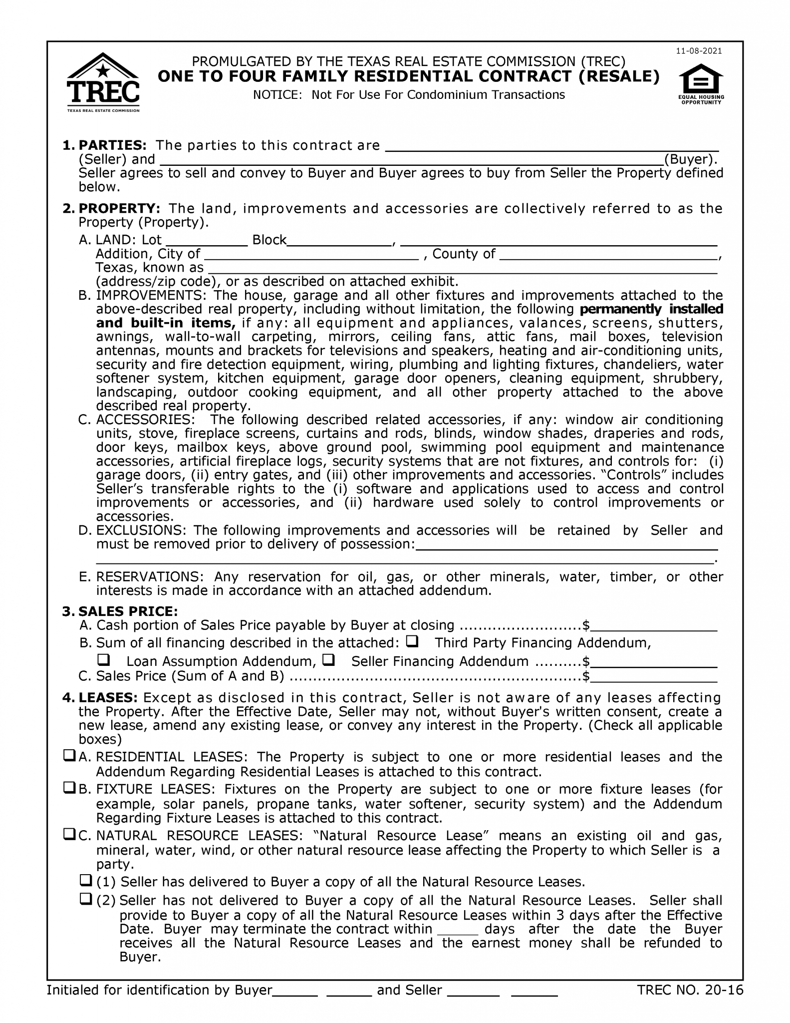 Free Texas Residential Purchase and Sale Agreement PDF Word eForms