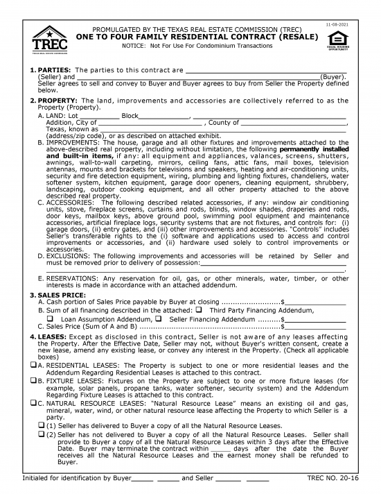 Free Texas Residential Purchase and Sale Agreement PDF Word eForms