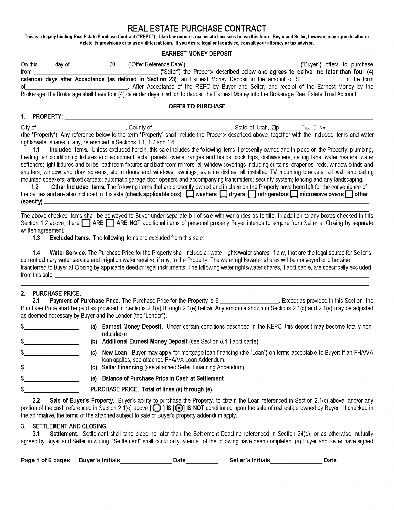 Free Utah Residential Purchase and Sale Agreement PDF Word eForms