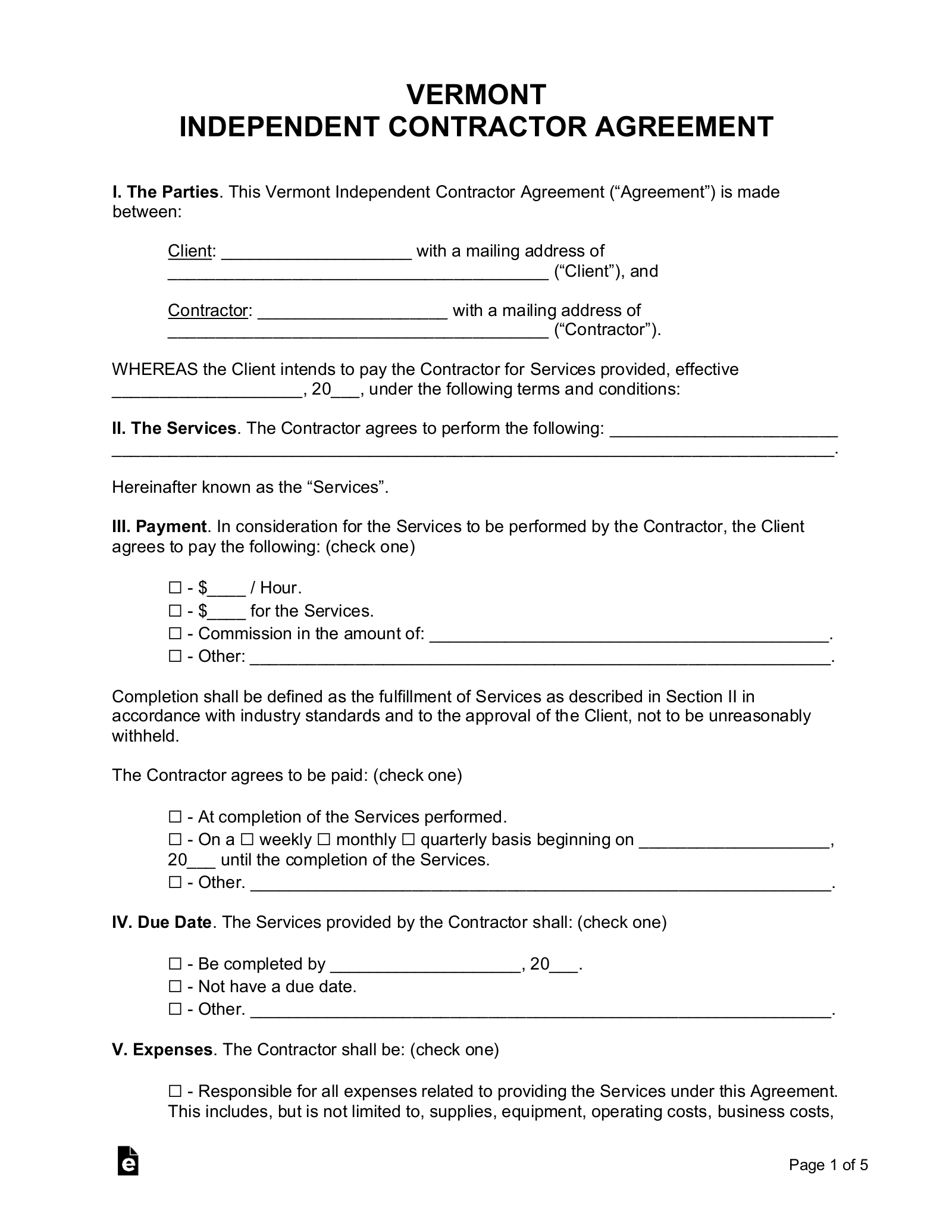Free Vermont Independent Contractor Agreement Template PDF Word 