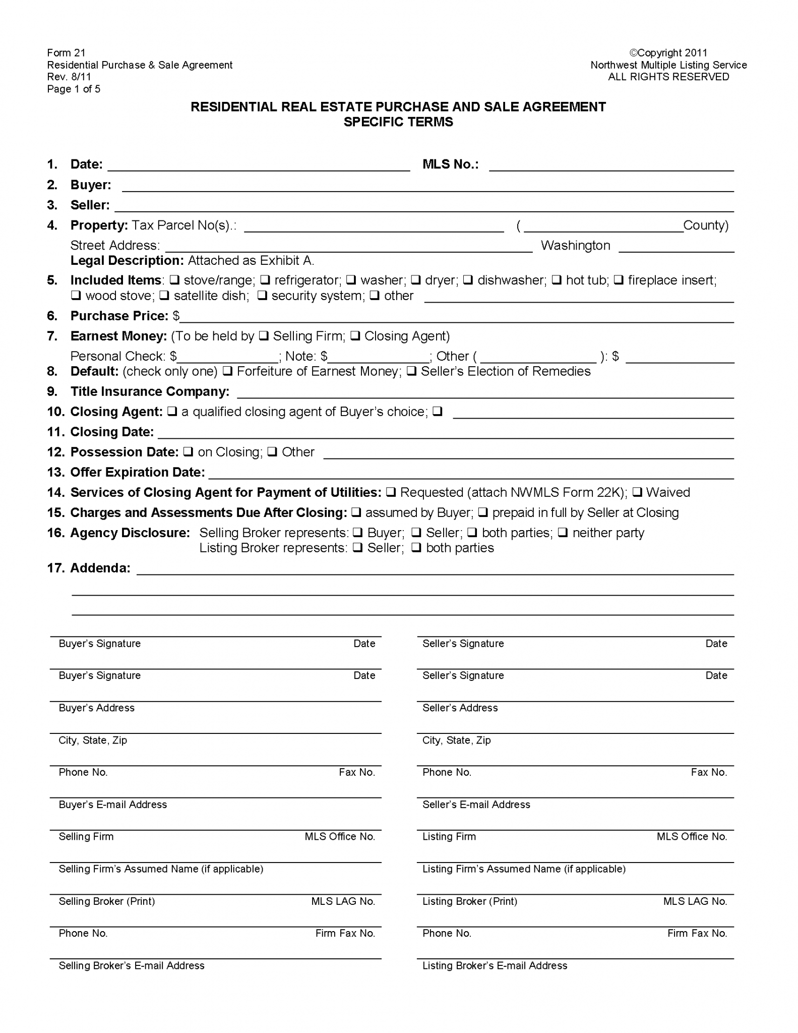 Free Washington Residential Purchase and Sale Agreement - PDF | Word ...