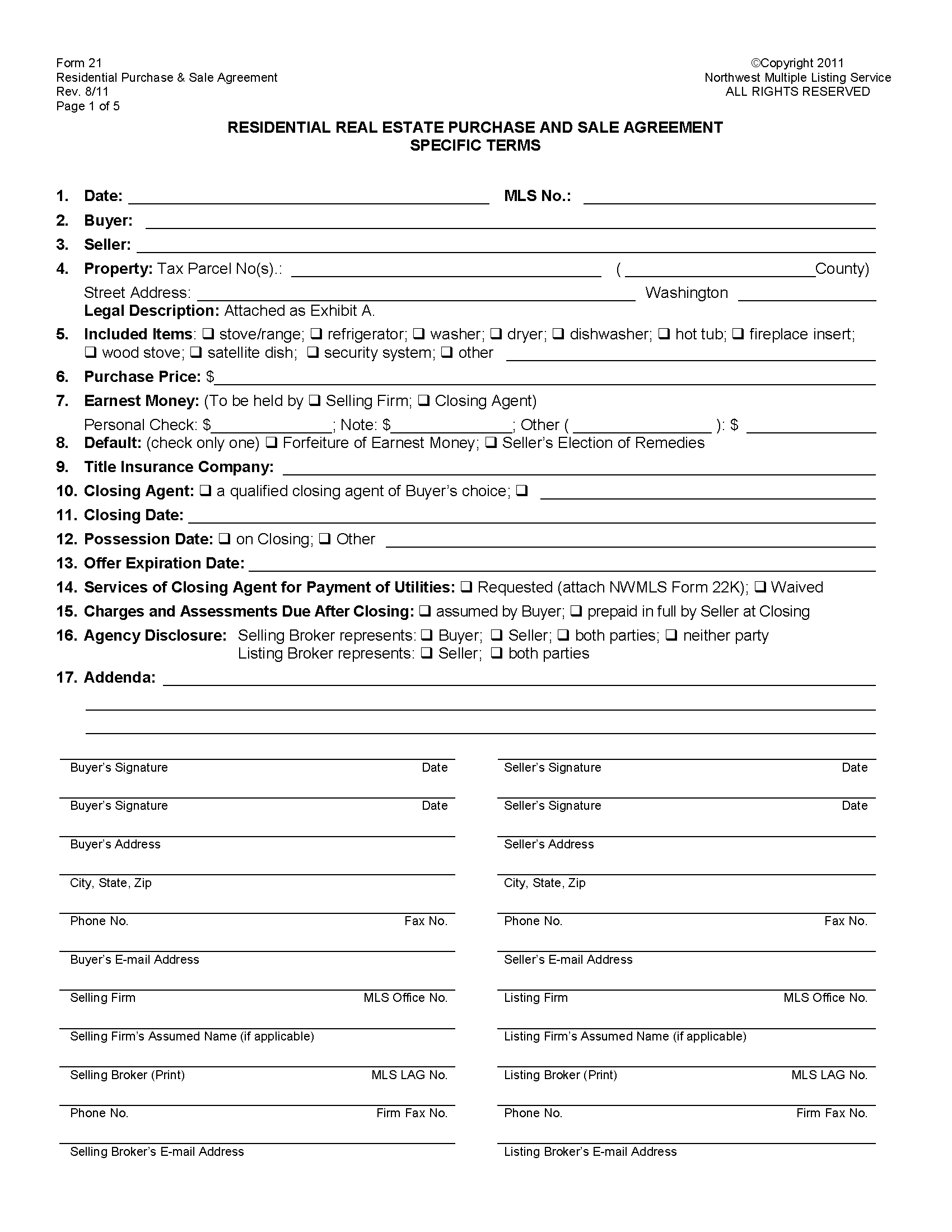 Free Washington Residential Purchase and Sale Agreement PDF Word