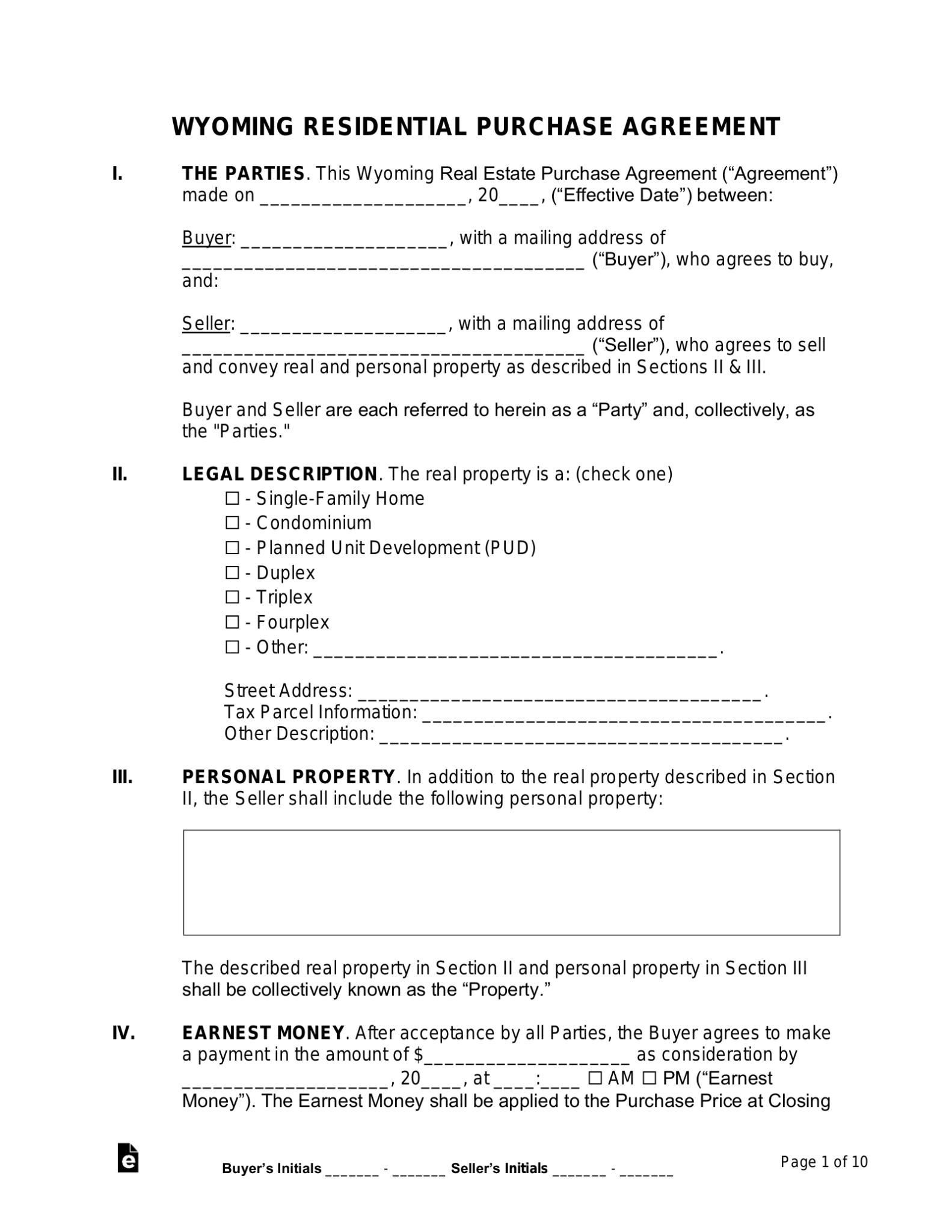 Free Wyoming Residential Purchase Agreement Template PDF Word eForms