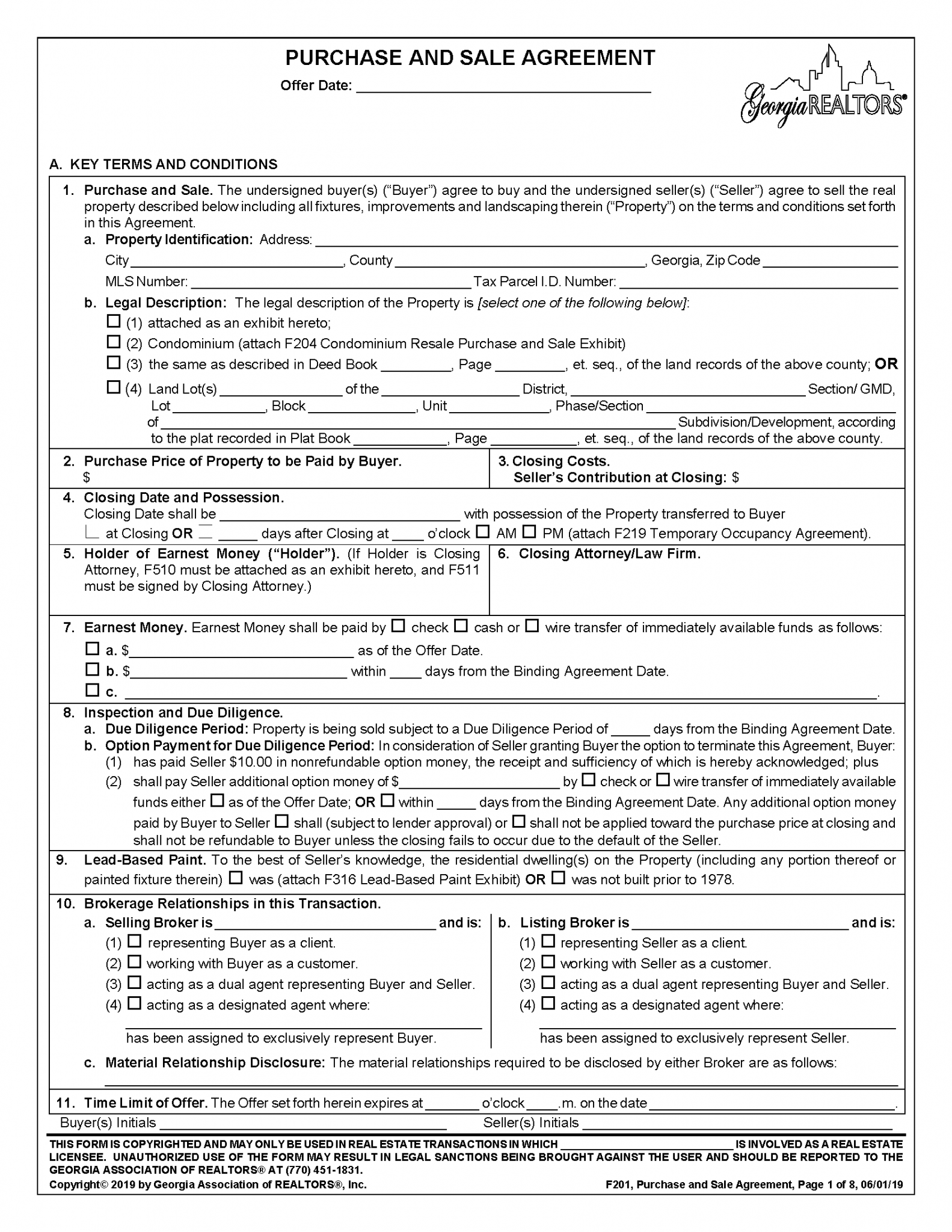 Free Residential Purchase and Sale Agreement PDF Word eForms