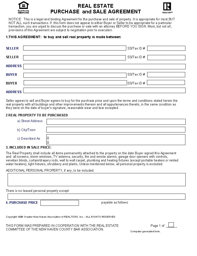 Free Connecticut Residential Purchase and Sale Agreement PDF Word