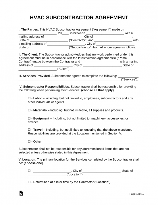 HVAC Subcontractor Agreement