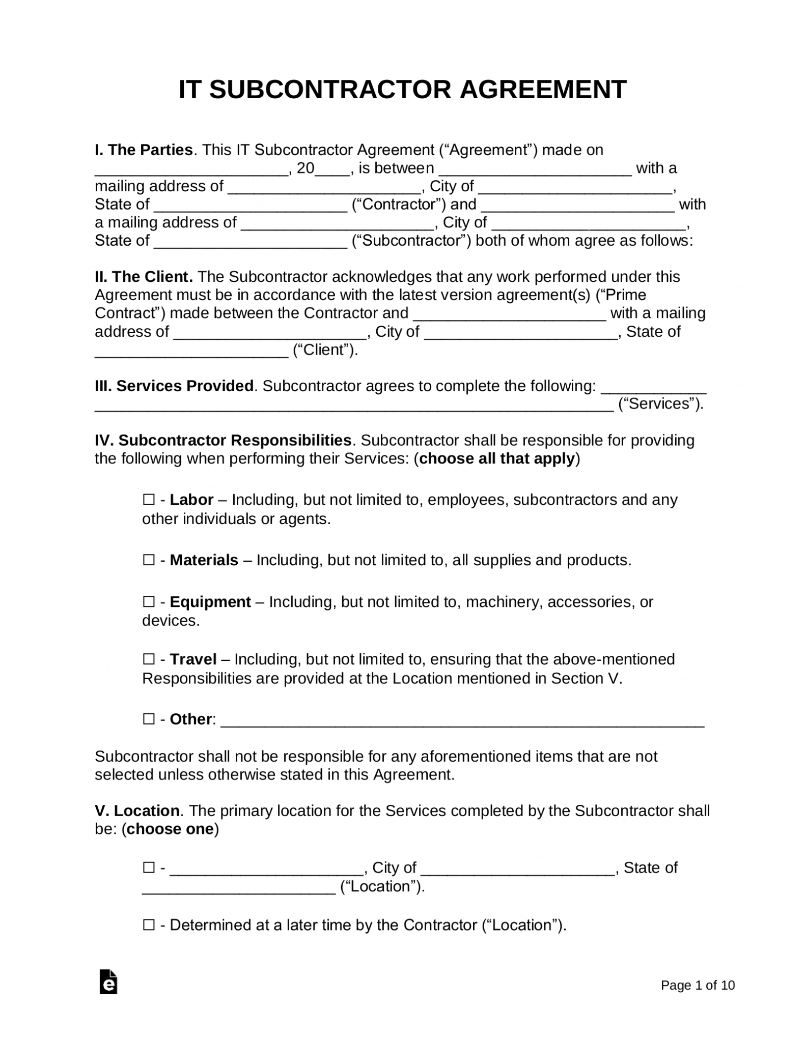 Free IT Subcontractor Agreement - PDF | Word – eForms